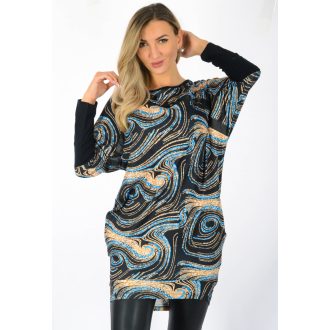   Mintás,denevérujjas,latex betétes,zsebes tunika! fekete-kék-bézs L-XXL