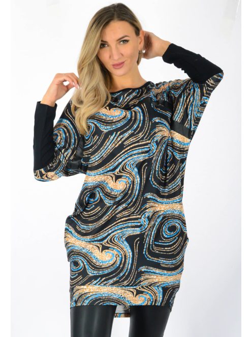 Mintás,denevérujjas,latex betétes,zsebes tunika! fekete-kék-bézs L-XXL