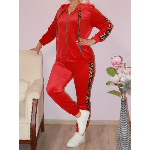 Leopárd betétes,kapucnis,zsebes,cipzáras,plüss szabadidőruha ! piros  L-XL