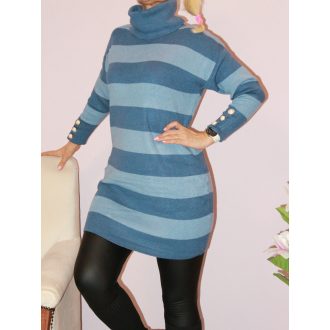   Csíkos,ujján gombdíszes,garbós,kötött tunika! farmerkék  M/L
