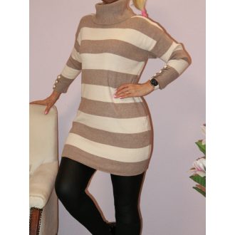   Csíkos,ujján gombdíszes,garbós,kötött tunika! cappuccino-ekrü  M/L