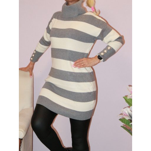 Csíkos,ujján gombdíszes,garbós,kötött tunika! szürke-ekrü  M/L