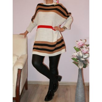   Csíkos,garbós,kötött tunika! mogyórószín-fekete-piros-fehér  XXL-3XL