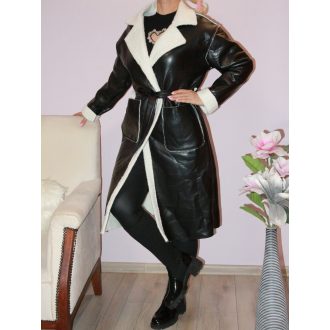 Szőrmés,öves,zsebes, hosszú műbőr kabát! L-XL