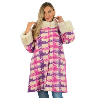 Mintás,szőrmés,zsebes,gyapjú kabát!  pink-lila L-XL