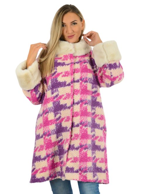 Mintás,szőrmés,zsebes,gyapjú kabát!  pink-lila L-XL