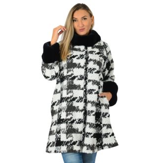 Mintás,szőrmés,zsebes,gyapjú kabát!  fekete-fehér L-XL