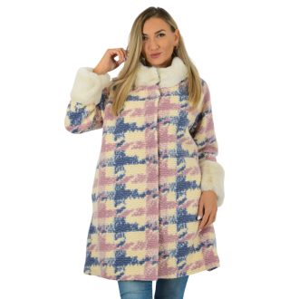   Mintás,szőrmés,zsebes,gyapjú kabát! mályva-farmerkék-ekrü L-XL