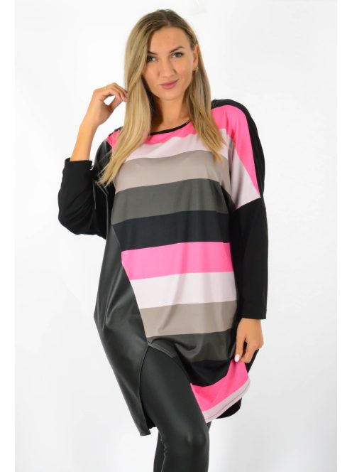 Csíkos,denevérujjas,latex betétes,elöl felvágott tunika! pink XL-XXL