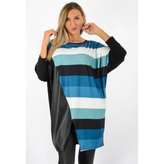   Csíkos,denevérujjas,latex betétes,elöl felvágott tunika! petrol-fekete  XL-XXL