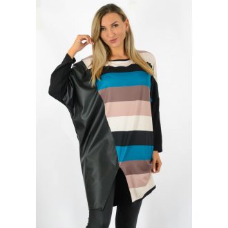   Csíkos,denevérujjas,latex betétes,elöl felvágott tunika! petrol-fekete XL-XXL