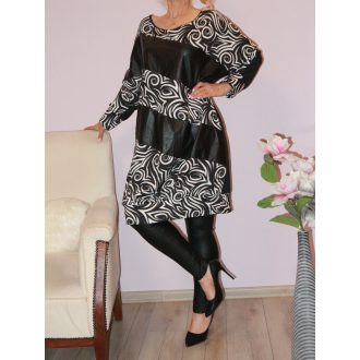   Mintás,denevérujjas,bőr betétes tunika! fekete-fehér 3XL-4XL