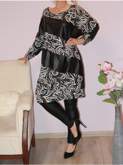 Mintás,denevérujjas,bőr betétes tunika! fekete-fehér 3XL-4XL