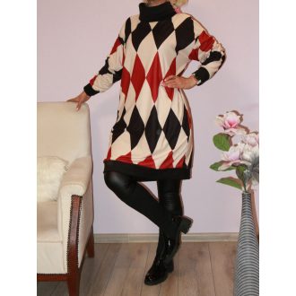   Rombusz mintás,puhaanyagú,garbós tunika! bordó-bézs-fekete XL-2XL