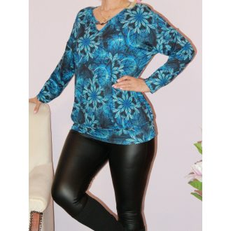  Virág mintás,denevérujjas,ékszerdíszes felső! kék L-XXL