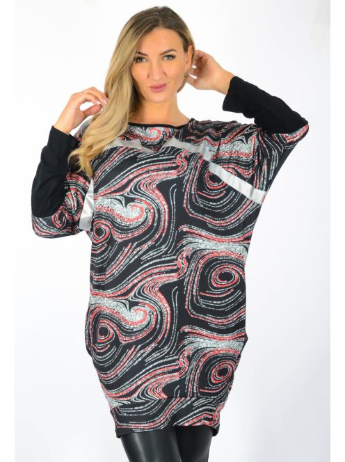 Mintás,denevérujjas,latex betétes,zsebes tunika! fekete-eper-szürke L-XXL