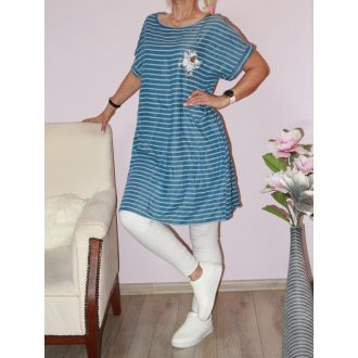   Csíkos,farmerhatású,virág díszes tunika!  farmerkék XL-XXL