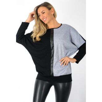   Csillámos,bőrbetétes,denevérujjas ,passzés aljú felső! ezüst  L-XL