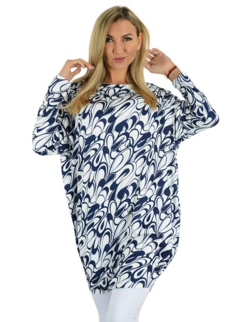 Mintás,aszimmetrikus, lenge tunika! sötétkék-fehér L-XXL