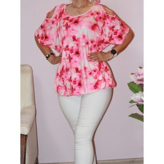   Virágos válla nyitott,gumis aljú felső! rózsaszín L-XXL