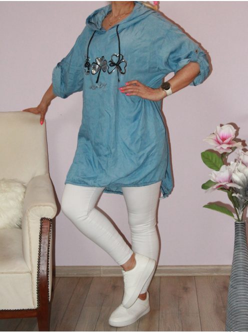 Virágos,kapucnis,farmerhatású,zsebes tunika! farmerkék XL-3XL