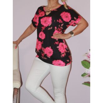   Virágos,denevérujjas,ékszerdíszes felső! pink-fekete L-XXL