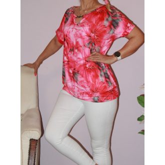   Virágos,denevérujjas,ékszerdíszes felső! eper-pink L-XXL