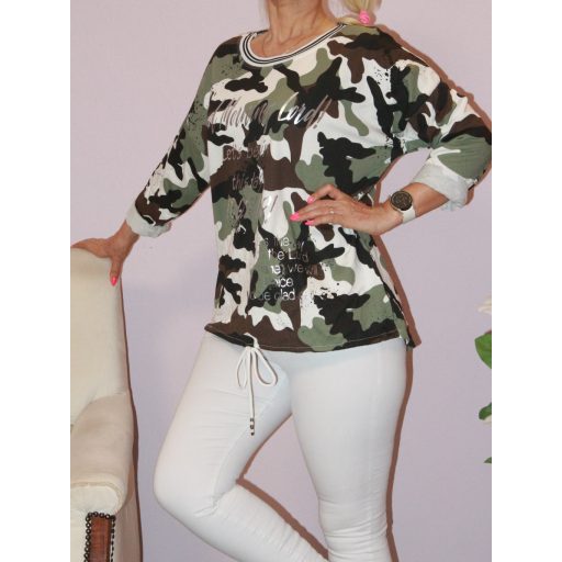 Terep mintás,ezüst feliratos,alja kötős felső!  L-XL