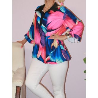   Mintás, ingfazonú ,fodros ujjú,gumis aljú felső! pink-kék XXL-3XL