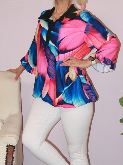 Mintás, ingfazonú ,fodros ujjú,gumis aljú felső! pink-kék XXL-3XL