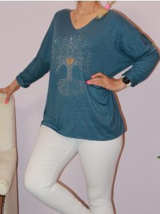   Stasszos életfás,V nyakú,likrás kötött felső! farmerkék XXL-3XL