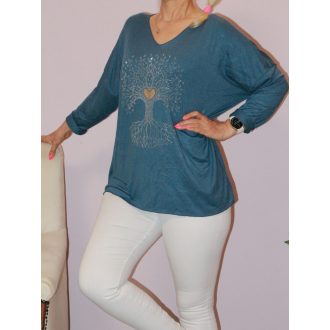   Stasszos életfás,V nyakú,likrás kötött felső! farmerkék XXL-3XL