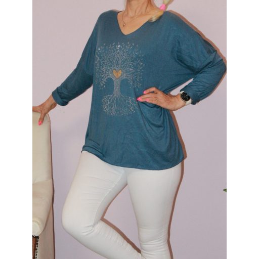 Stasszos életfás,V nyakú,likrás kötött felső! farmerkék XXL-3XL