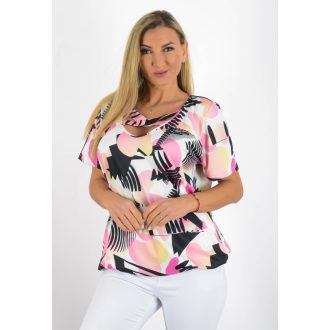   Mintás,mellnél keresztpántos,gumis aljú felső! fehér-pink-fekete  L-XXL