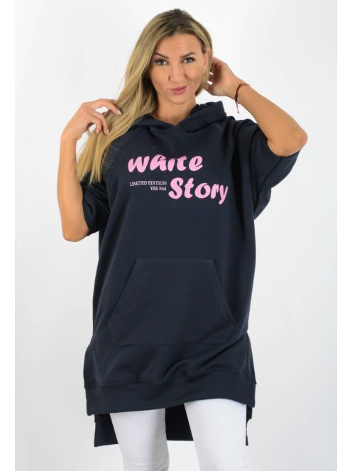 Kapucnis,kenguruzsebes,feliratos,denevérujjas,pamut tunika! sötétkék L-XL
