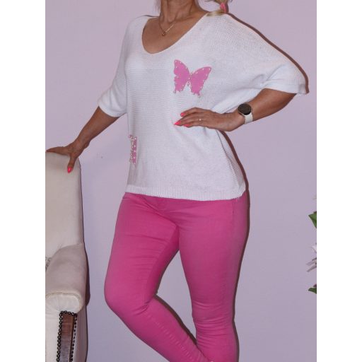 Lepkés gyöngyös,denevérujjas,cérnakötött felső! fehér L-XL