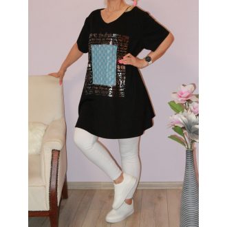   Flitteres farmerbetétes,feliratos,A vonalú tunika ! fekete XXL-3XL