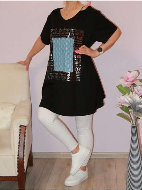 Flitteres farmerbetétes,feliratos,A vonalú tunika ! fekete XXL-3XL