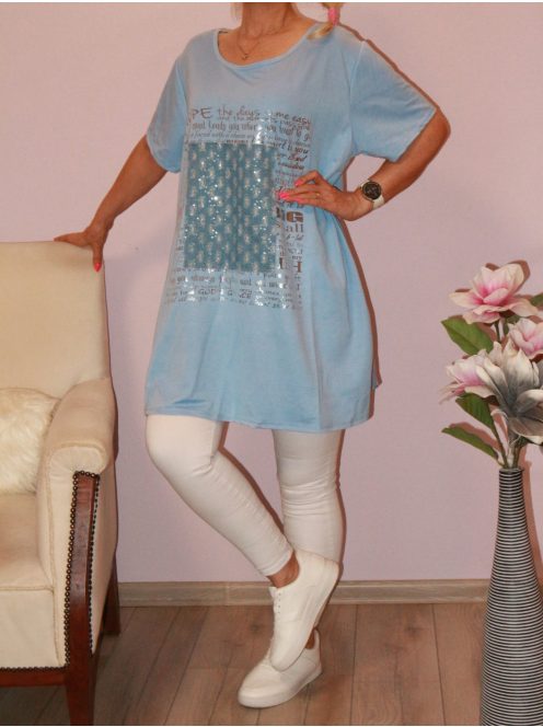 Flitteres farmerbetétes,feliratos,A vonalú tunika ! babakék  XXL-3XL