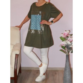   Flitteres farmerbetétes,feliratos,A vonalú tunika ! khaki  XXL-3XL