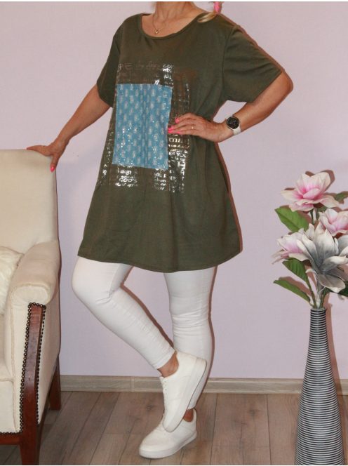 Flitteres farmerbetétes,feliratos,A vonalú tunika ! khaki  XXL-3XL
