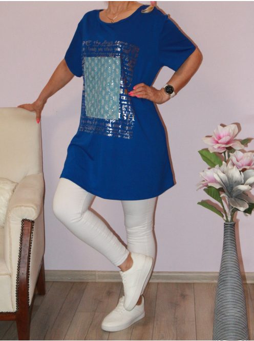 Flitteres farmerbetétes,feliratos,A vonalú tunika ! királykék  XXL-3XL