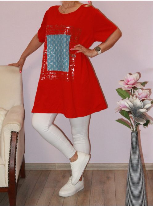 Flitteres farmerbetétes,feliratos,A vonalú tunika ! piros XXL-3XL