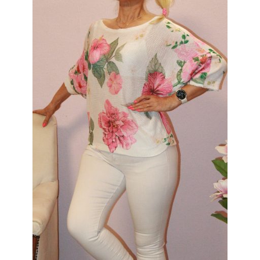 Virágos,denevérujjas,cérnakötött felső! fehér L-XL