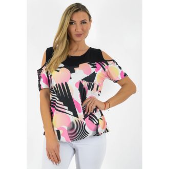   Mintás,nyitott vállú,gumis aljú felső! rózsaszín-fekete-fehér  L-XXL