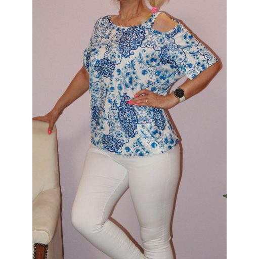 Mintás,nyitott vállú,gumis aljú felső!  kék-fehér  L-XXL