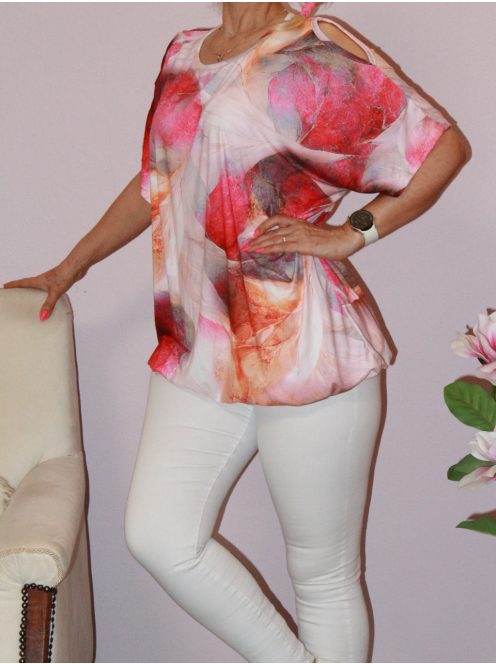Mintás,nyitott vállú,gumis aljú felső!  pink-korall XL-XXL