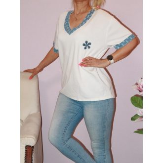   Farmer betétes,virágos strasszos-flitteres,V nyakú felső ! fehér L-XXL