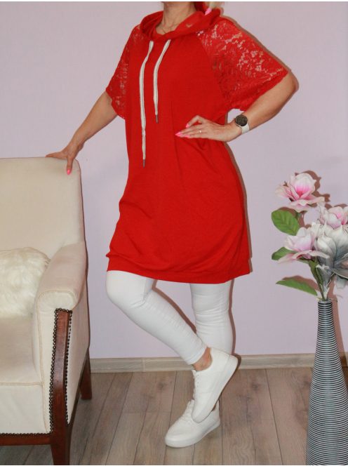 Csipkés ujjú kapucnis tunika! piros  XL-XXL
