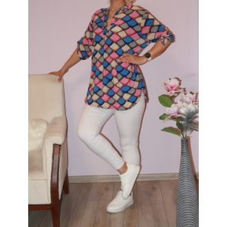 Mintás,roll-up ujjú ingfazonú felső ! pink-fekete  L-XXL